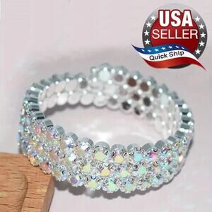 3-Row Bohemian Classic Aurora Borealis Rhinestone Bracelet • Bangle • Stretch